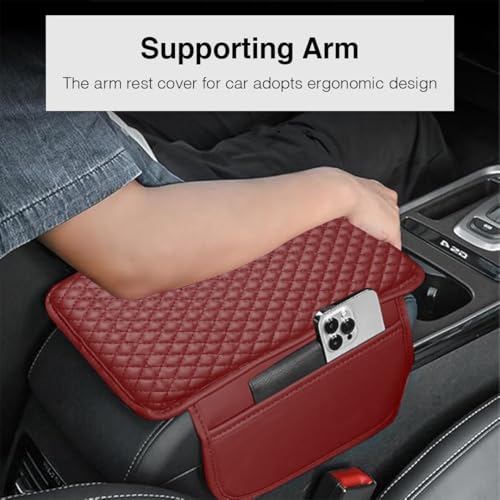 Lyrovo PU Leather Car Armrest Cushion Pad With Side Pockets, Universal Fit for All Car (Maroon) - Image 3
