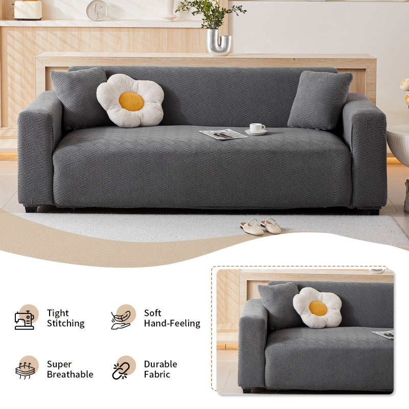 Deep Gray Jacquard 3 Seater Sofa Cover Universal Fit Slipcover All Season Protective Furniture Cover Machine Washable Non Slip Sofa Cover For Living Room Hotel Conference Room Home Decor Includes One Pillowcase - Image 2