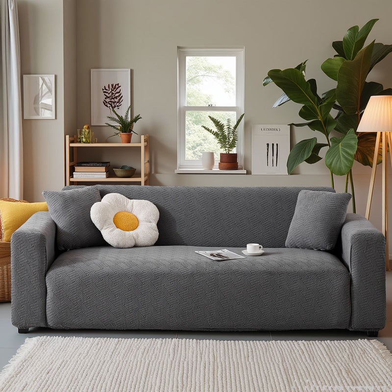 Deep Gray Jacquard 3 Seater Sofa Cover Universal Fit Slipcover All Season Protective Furniture Cover Machine Washable Non Slip Sofa Cover For Living Room Hotel Conference Room Home Decor Includes One Pillowcase - Image 1