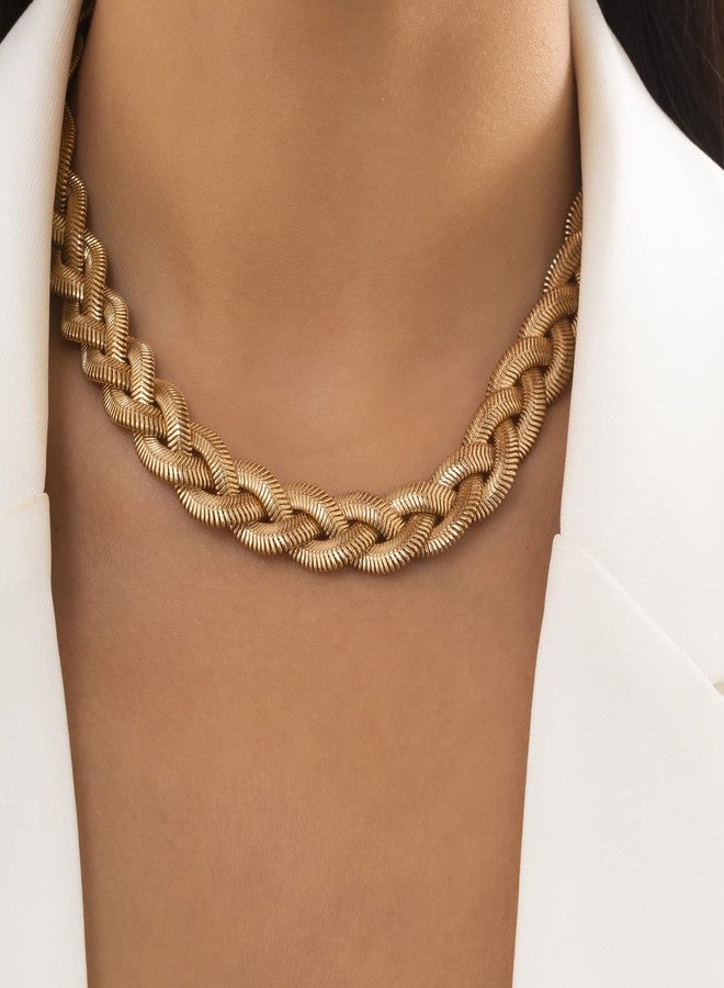 Asphire Punk Twist Snake Bone Choker Necklace Chunky Twisted Flat Herringbone Chain Necklace Boho Metal Chain Necklace Hip Hop Jewelry Gift for Women (Gold) - Image 2
