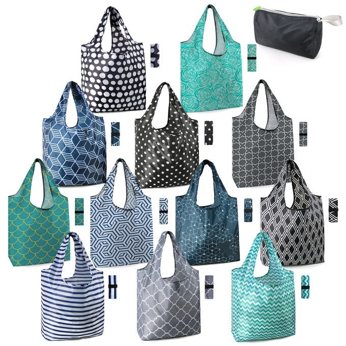 REUSABLE GROCERY BAGS LIGHTWEIGHT DURABLE SHOPPING BAGS WASHABLE FOLDABLE 12 PACK XLARGE CLASSIC GEOMETRIC DESIGN GIFT TOTE GROCERY BAGS WITH ELASTIC BAND AND SEPARATED ZIPPER STORAGE POUCH
