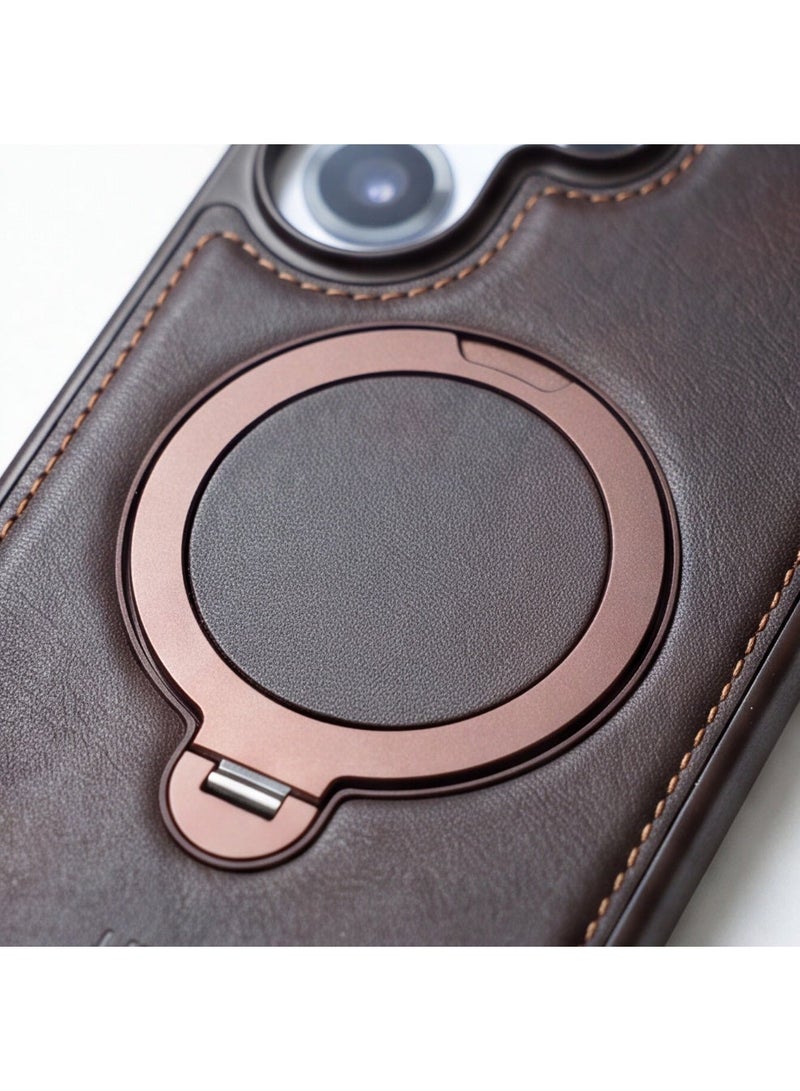 HDD Premium MagSafe Leather Case with Built-in Magnetic Ring Kickstand Holder for Samsung Galaxy S25 Ultra - Image 4