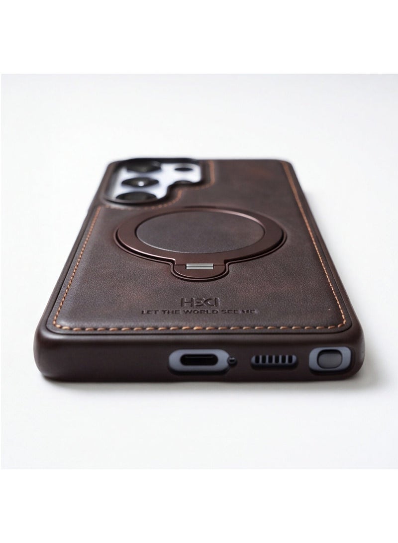 HDD Premium MagSafe Leather Case with Built-in Magnetic Ring Kickstand Holder for Samsung Galaxy S25 Ultra - Image 3