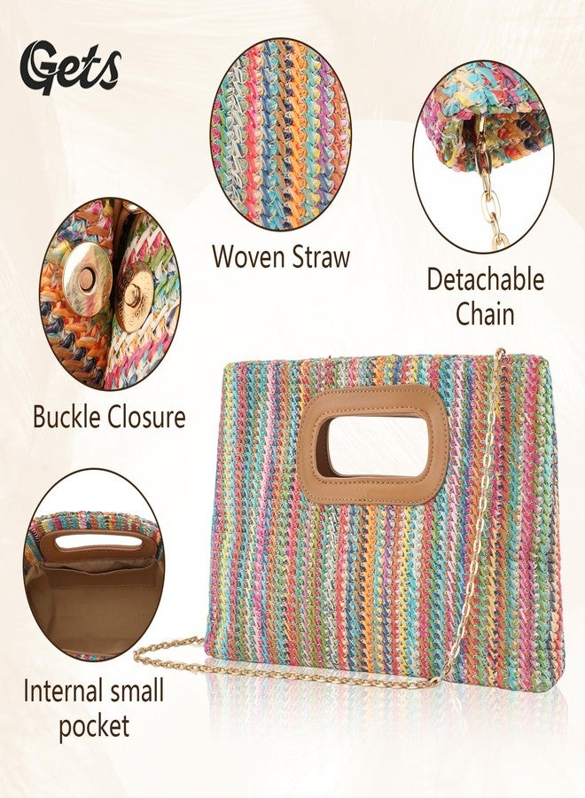 Gets Woven Straw Purse Top Handle Clutches Handbag for Womens Evening Handbags Boho Rattan Crossbody Shoulder Bags with Chain (Colorful Pink) - Image 5