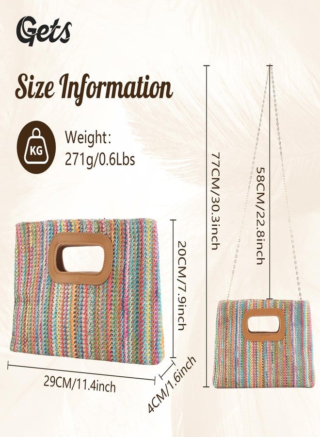 Gets Woven Straw Purse Top Handle Clutches Handbag for Womens Evening Handbags Boho Rattan Crossbody Shoulder Bags with Chain (Colorful Pink) - Image 3