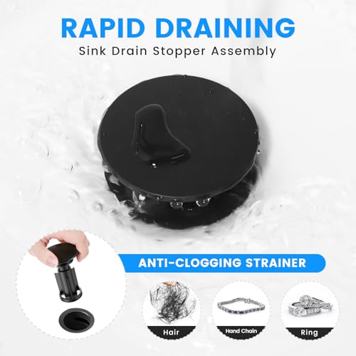 Hurran Bathroom Sink Drain with Overflow, Hurran Matte Black Bathroom Sink Stopper for Bathroom Vanity Vessel Sink, Rapid Draining Plastic Pop-up Sink Drain with Hair Catcher Anti-Clog Strainer - Image 4