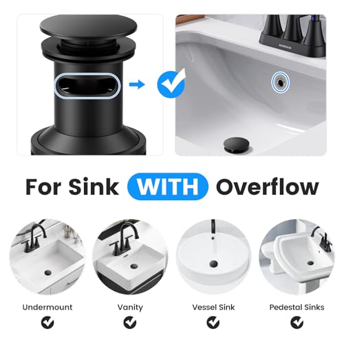 Hurran Bathroom Sink Drain with Overflow, Hurran Matte Black Bathroom Sink Stopper for Bathroom Vanity Vessel Sink, Rapid Draining Plastic Pop-up Sink Drain with Hair Catcher Anti-Clog Strainer - Image 3