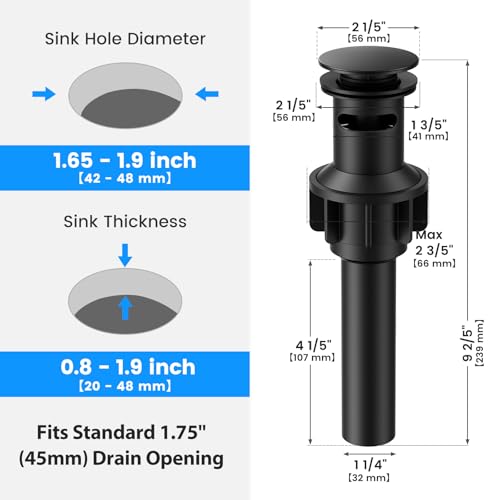 Hurran Bathroom Sink Drain with Overflow, Hurran Matte Black Bathroom Sink Stopper for Bathroom Vanity Vessel Sink, Rapid Draining Plastic Pop-up Sink Drain with Hair Catcher Anti-Clog Strainer - Image 2