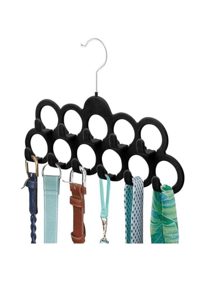 Velvet Scarf Hanger, Scarf Organizer, Flocked Velvet Finish, Scarf Holder with 11 Loops and Hooks for Shawls, Scarves, Ties, Belts, or Other Accessories, 2 Pack (Black)  - Image 1
