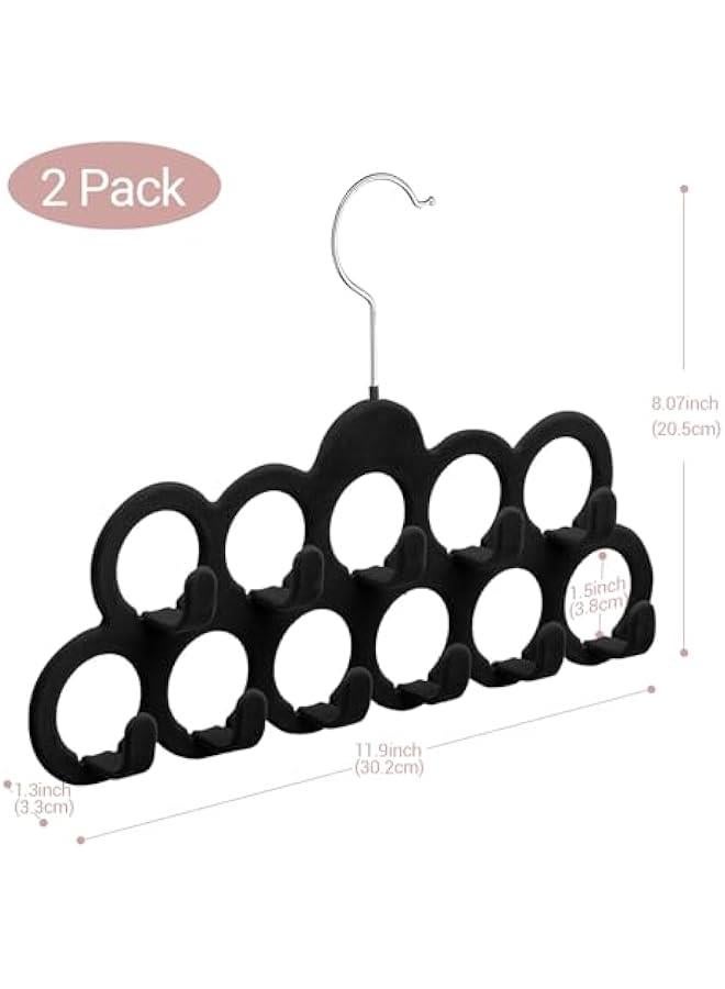 Velvet Scarf Hanger, Scarf Organizer, Flocked Velvet Finish, Scarf Holder with 11 Loops and Hooks for Shawls, Scarves, Ties, Belts, or Other Accessories, 2 Pack (Black)  - Image 2