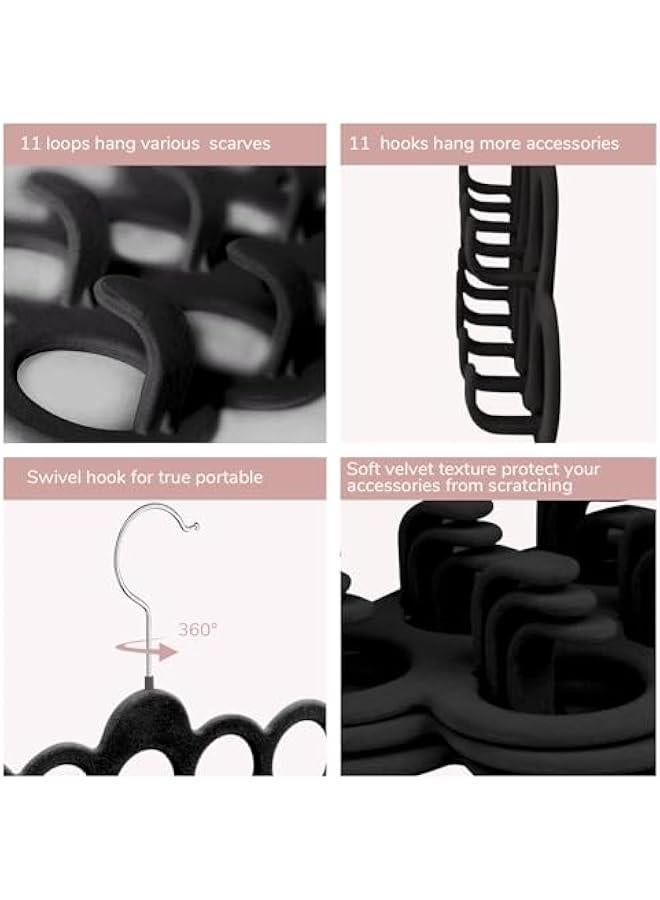 Velvet Scarf Hanger, Scarf Organizer, Flocked Velvet Finish, Scarf Holder with 11 Loops and Hooks for Shawls, Scarves, Ties, Belts, or Other Accessories, 2 Pack (Black)  - Image 3
