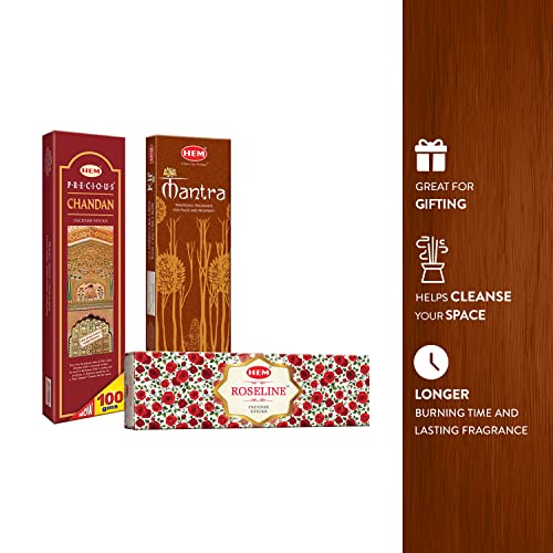 Hem Agarbatti Combo Pack of 3 Fragrance (220 g) | Roseline, Chandan & Mantra Incense Stick | Puja Room Items | Woody, Floral & Masala Aroma| Burning Time: 35-40 Minutes | 38 Sticks - Image 4