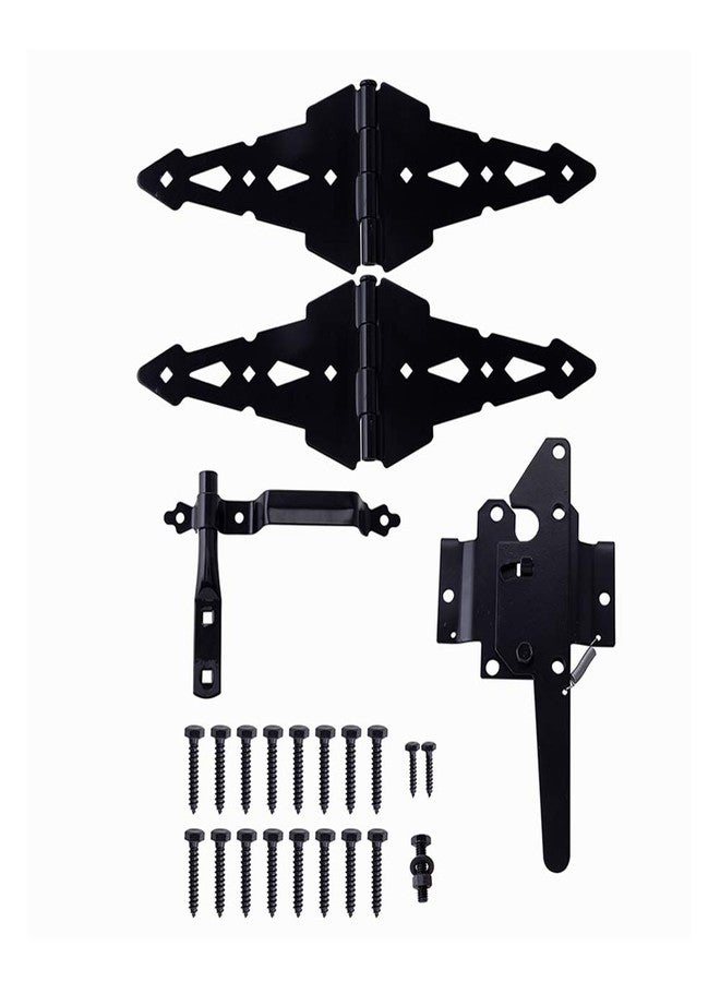 HOME MASTER HARDWARE Wood Gate Hardware Set - Heavy Duty 8" Decorative Strap Hinges and Spring Loaded Latch Kit with Screws for Outdoor Fence Swing Gate Black Finish - Image 1