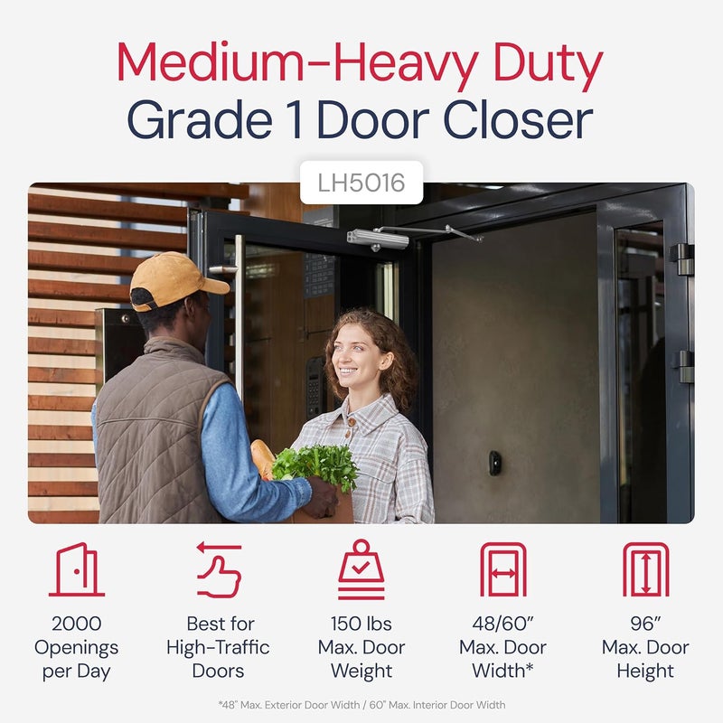 LAWRENCE Medium/Heavy Duty Door Closer Commercial Grade 1 - Surface-Mounted Commercial Automatic Door Closer with Adjustable 6-Speed Control and 3 Valves - Embassy Series LH5016 - Image 2