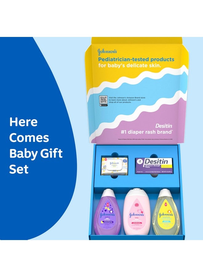 Johnson's Baby Johnson's Baby Here Comes Baby Gift Set, Baby Essentials for New Parents with Moisturizing Lotion, Bedtime Bath, Body Wash & Shampoo, Hand & Face Wipes, & Diaper Rash Cream, 5 Items - Image 1
