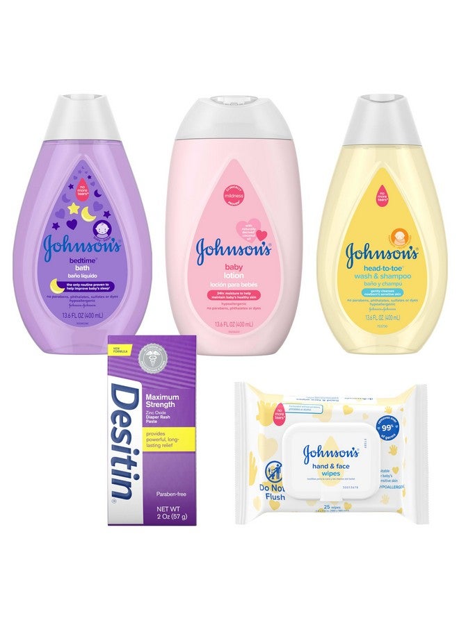 Johnson's Baby Johnson's Baby Here Comes Baby Gift Set, Baby Essentials for New Parents with Moisturizing Lotion, Bedtime Bath, Body Wash & Shampoo, Hand & Face Wipes, & Diaper Rash Cream, 5 Items - Image 3