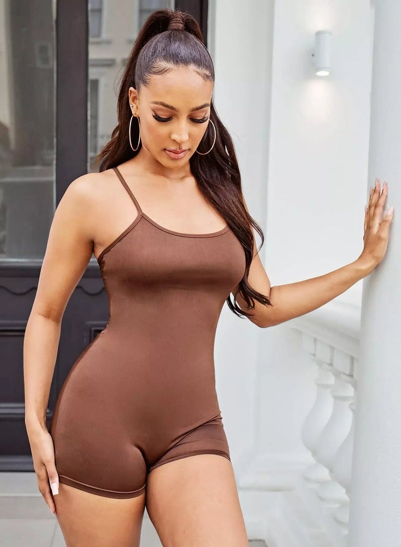Solid Crisscross Back Cami Unitard Romper - Image 5