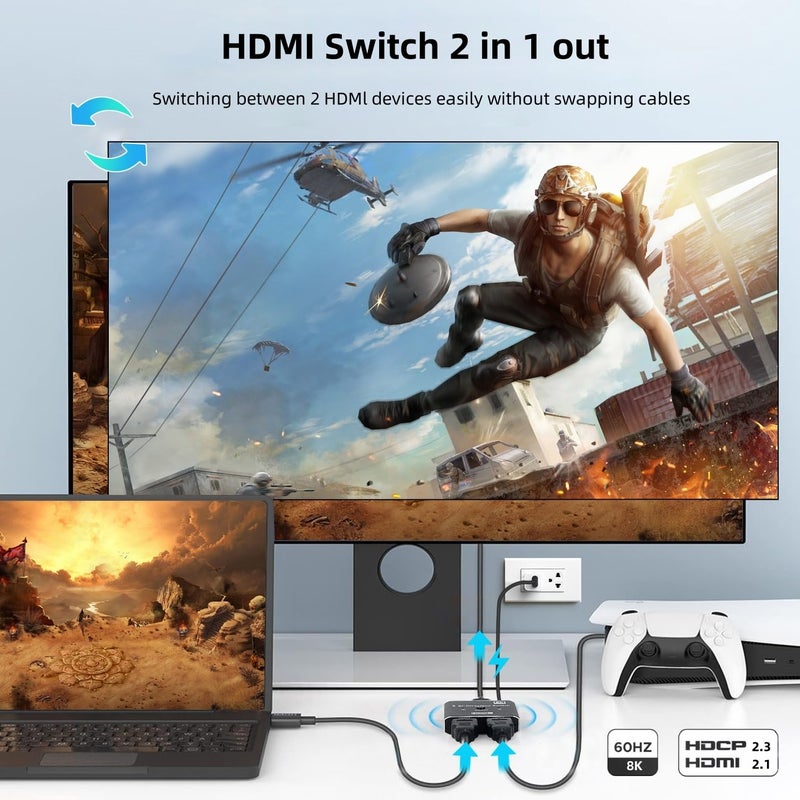 XinYaa 8K HDMI 2.1 Switch 4K@120Hz 8K@60Hz, Aluminum HDMI Switcher 2 in 1 Out, HDM I Splitter Supports HDR10+ 48 Gbps 3D Dolby VRR, HDM I Switcher Compatible with TV PS5/4 B0X Laptops PC Projector - Image 3