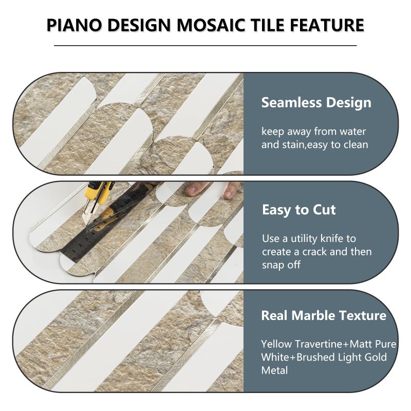 Vamos Tile Peel and Stick Backsplash Seamless Tile,10 Sheets Stick on Backsplash for Kitchen& Bathroom,Honey Travertine+Matt Pure White Marble Look+Light Gold Metal Self Adhesive Backsplash Tile - Image 3