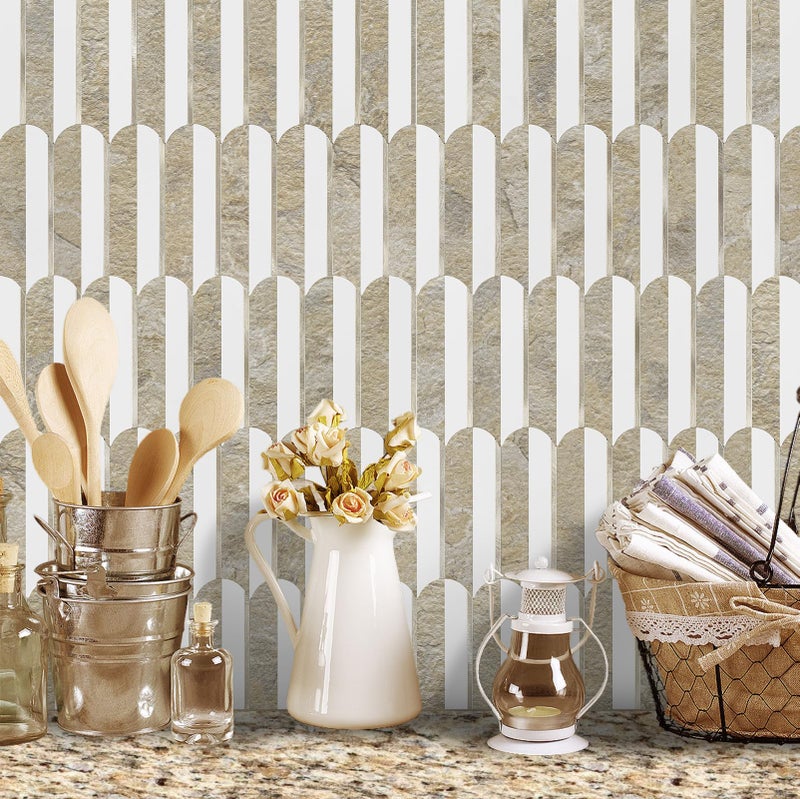 Vamos Tile Peel and Stick Backsplash Seamless Tile,10 Sheets Stick on Backsplash for Kitchen& Bathroom,Honey Travertine+Matt Pure White Marble Look+Light Gold Metal Self Adhesive Backsplash Tile - Image 2