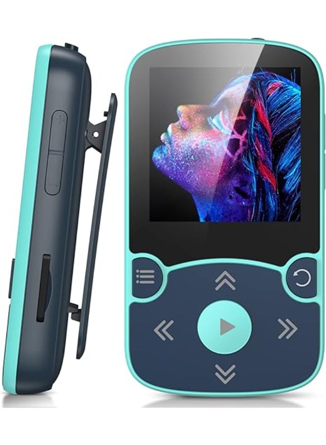 AGPTEK MP3 Player Bluetooth 5.0 Sport 32 GB with 1.5 Inch TFT Colour Screen, Mini Music Player with Clip, Supports up to 128 GB TF Card, with Independent Volume Button, Blue - Image 1