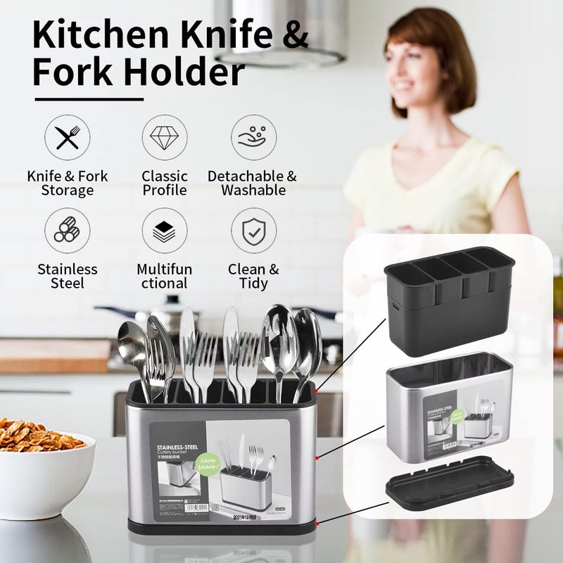 J&UNIQUE JUNIQUE Kitchen Sink Cutlery Holder Stainless Steel Utensil Caddy Flatware Organizer with Drainage Multifunctional Sponge Rack Chopstick Cage RustResistant  - Image 2