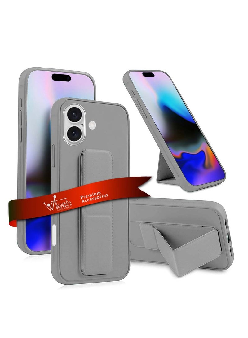 Wtech Apple iPhone 16 2024 Hand Grip Foldable Magnetic Kickstand Wrist Strap Finger Grip with Built-in Iron Case Cover - Grey - Image 1