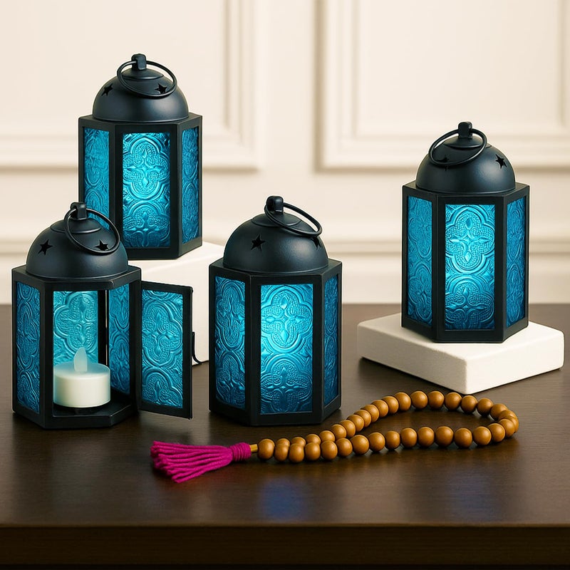 VELA LANTERNS Mini Moroccan Tea Light Candle Holder Lanterns â€“ 4.25" Small Decorative Lantern for Table or Hanging, Metal with Glass Panels â€“ Ramadan, Wedding, Home Decor, Assorted (Set of 6) - Image 1