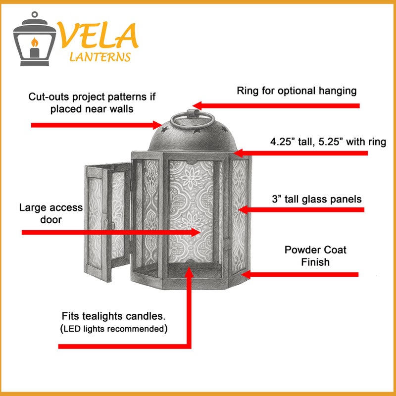 VELA LANTERNS Mini Moroccan Tea Light Candle Holder Lanterns â€“ 4.25" Small Decorative Lantern for Table or Hanging, Metal with Glass Panels â€“ Ramadan, Wedding, Home Decor, Assorted (Set of 6) - Image 4