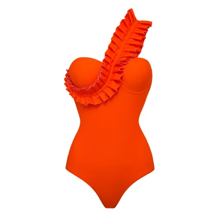 2024 New One-Piece Swimsuit Ruffled Pleated One-Shoulder One-Piece Swimsuit - Image 3