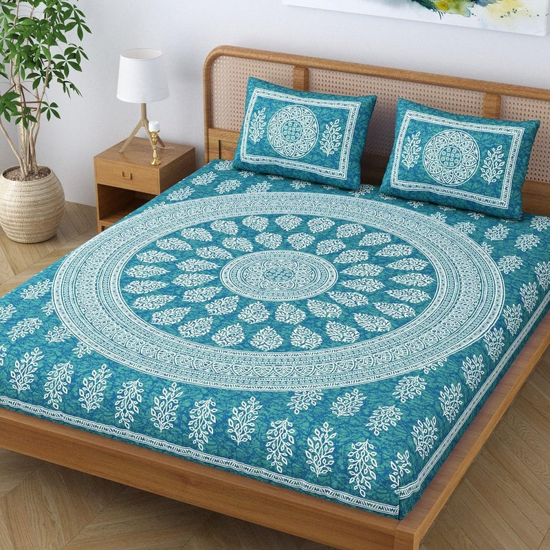 SheetKart Floral Motif Cotton Double Bedsheet Jaipuri Printed Bed Cover With 2 Pillow Covers Sea Green 144 tc - Image 3