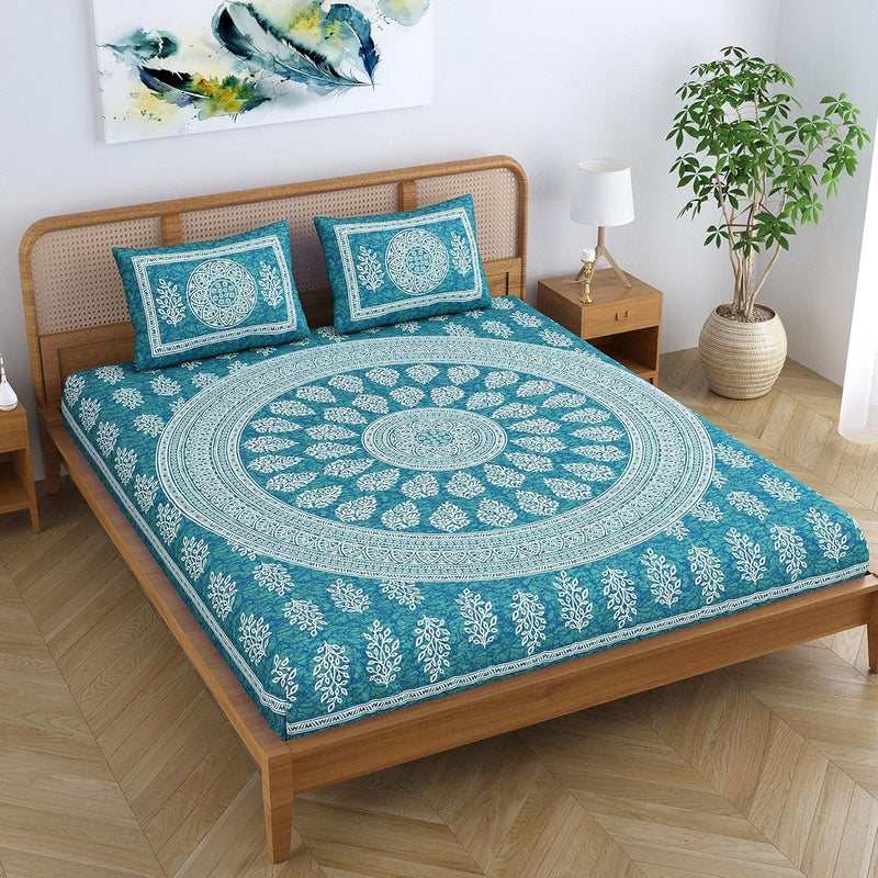 SheetKart Floral Motif Cotton Double Bedsheet Jaipuri Printed Bed Cover With 2 Pillow Covers Sea Green 144 tc - Image 4