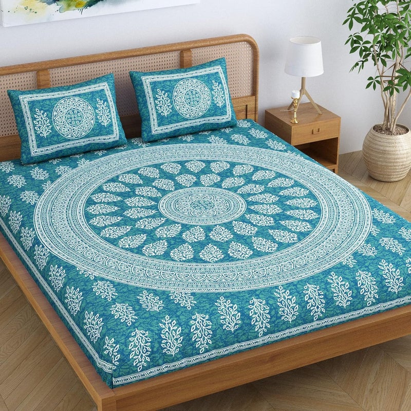 SheetKart Floral Motif Cotton Double Bedsheet Jaipuri Printed Bed Cover With 2 Pillow Covers Sea Green 144 tc - Image 1