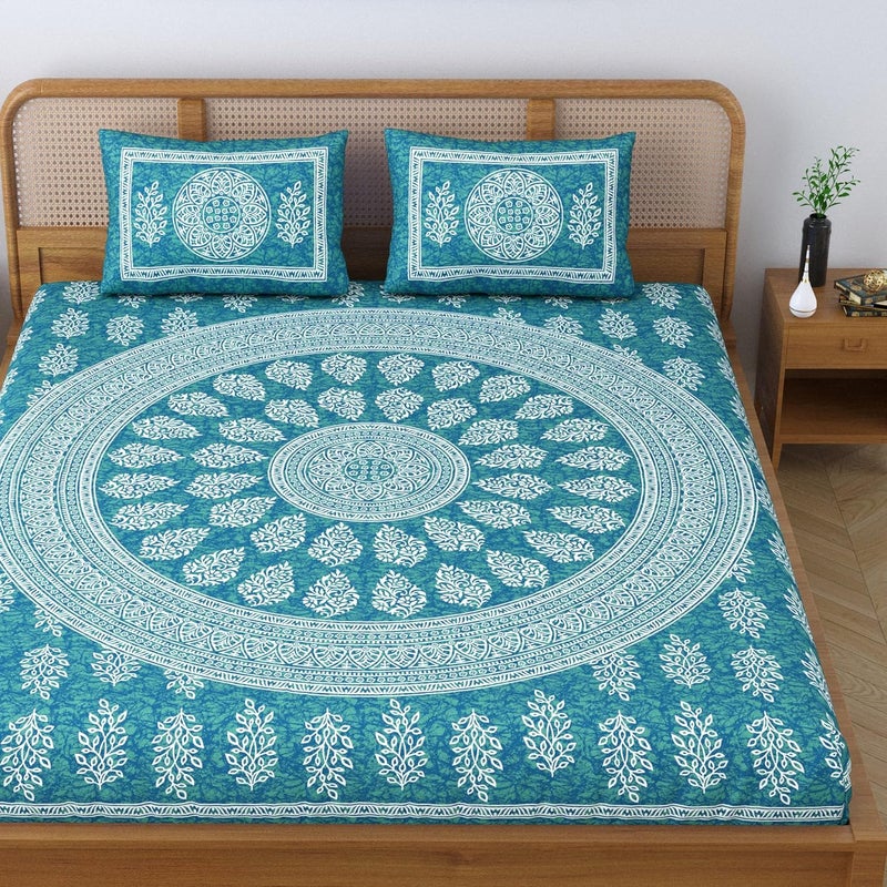 SheetKart Floral Motif Cotton Double Bedsheet Jaipuri Printed Bed Cover With 2 Pillow Covers Sea Green 144 tc - Image 2