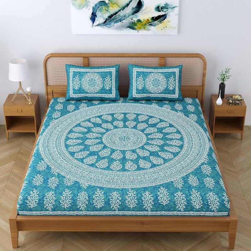 SheetKart Floral Motif Cotton Double Bedsheet Jaipuri Printed Bed Cover With 2 Pillow Covers Sea Green 144 tc - Image 5