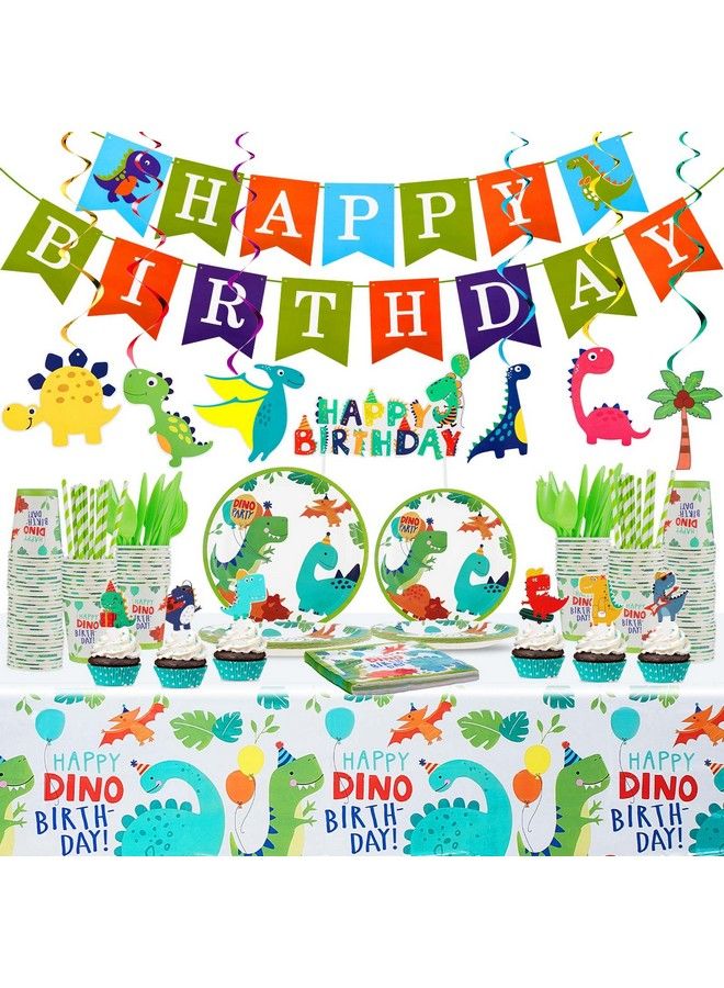 Tessco 193 Pcs Dinosaur Birthday Party Supplies Dinosaur Party Decorations Include Dino Paper Plates Cups Napkins Banner Straws Cutlery Tablecloth Cake Cupcake Toppers Hanging Swirls For Kids Boys Girls - Image 2