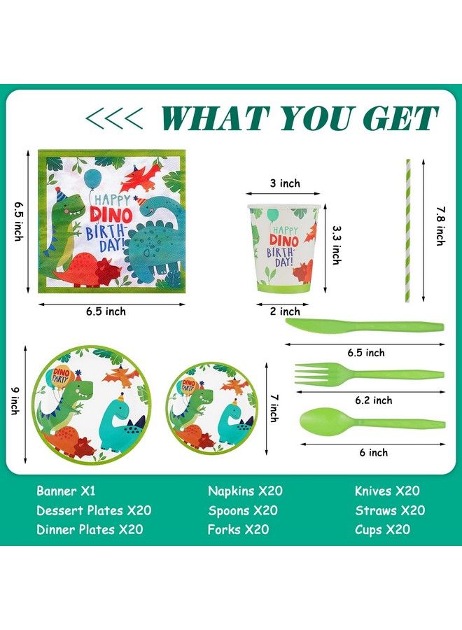 Tessco 193 Pcs Dinosaur Birthday Party Supplies Dinosaur Party Decorations Include Dino Paper Plates Cups Napkins Banner Straws Cutlery Tablecloth Cake Cupcake Toppers Hanging Swirls For Kids Boys Girls - Image 3