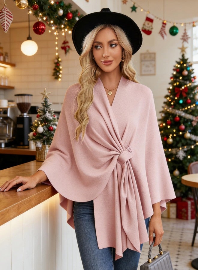 PULI Women's Elegant Shawl Wraps Soft Open Front Poncho Sweater for Spring Fall Winter pink - Image 2