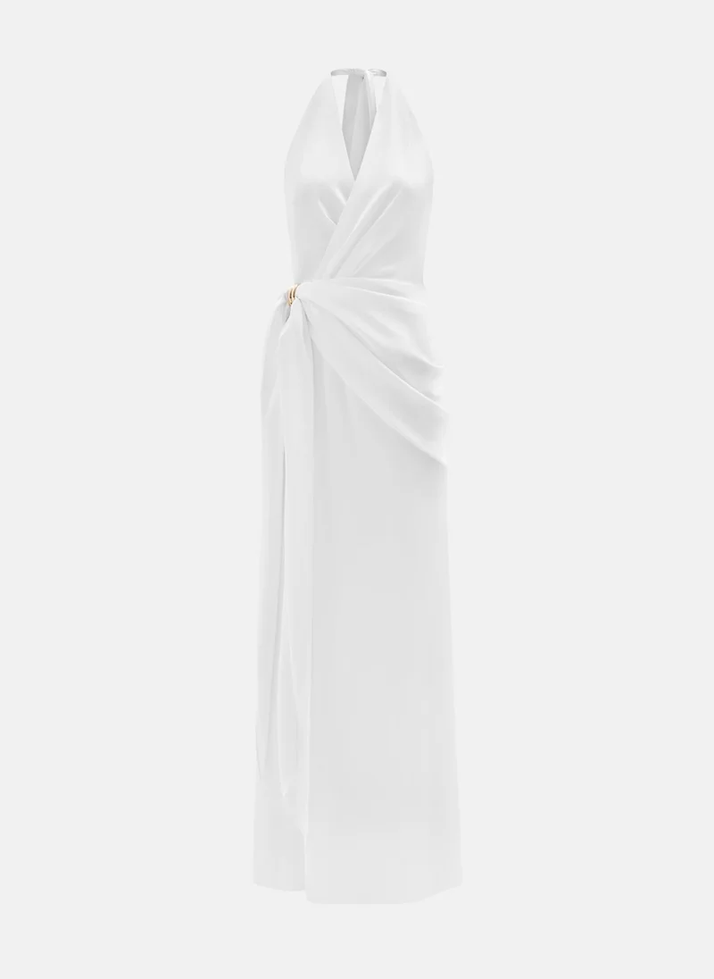 Lichi Satin maxi dress with collar ribbons and drapery