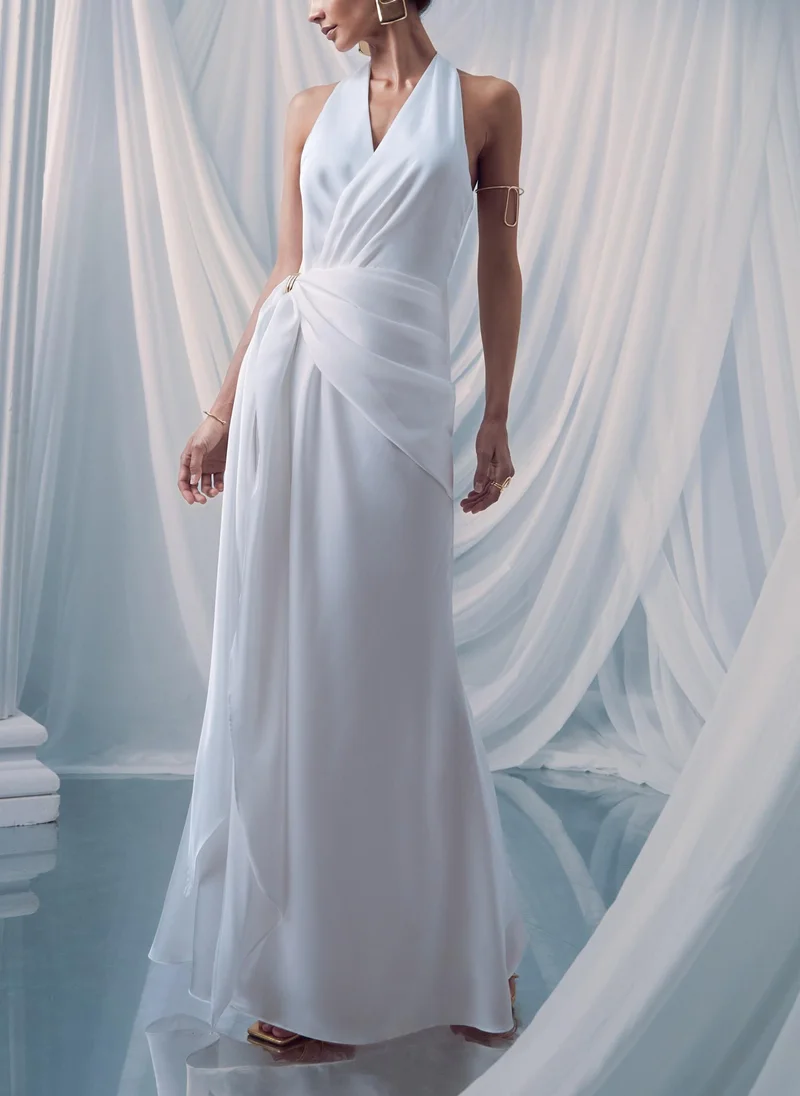Lichi Satin maxi dress with collar ribbons and drapery
