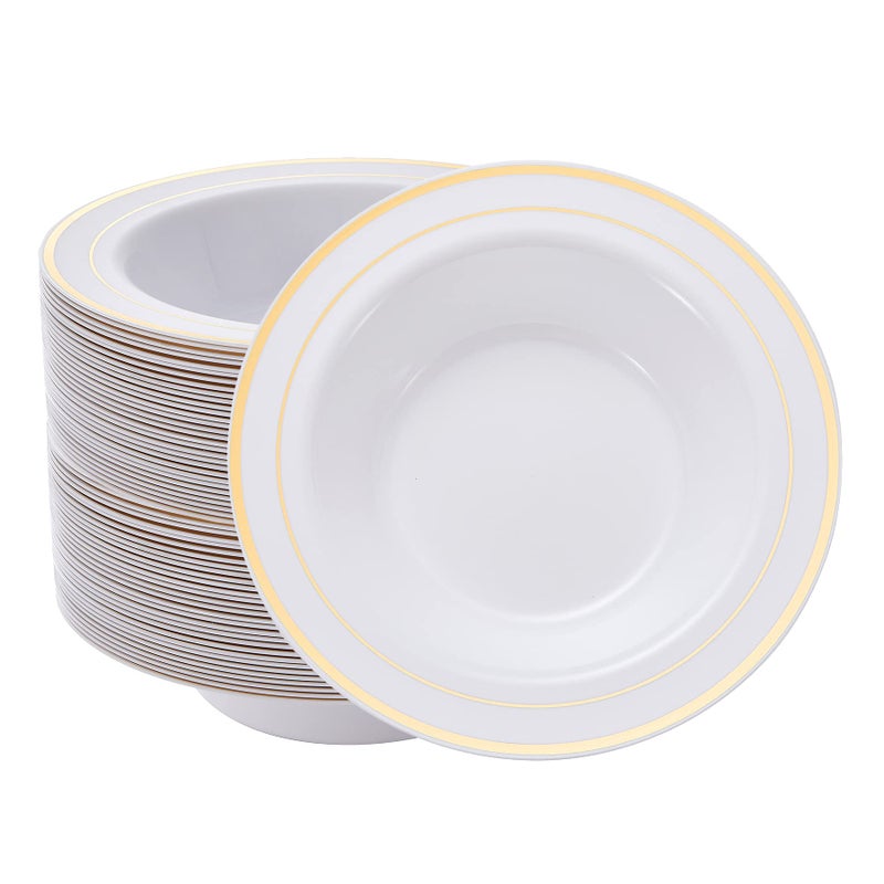 N9R 30PCS Disposable Soup Bowls with Gold Rim 12 Oz Fancy Plastic Soup Bowls for Holidays Parties Weddings Cateringand Everyday Use