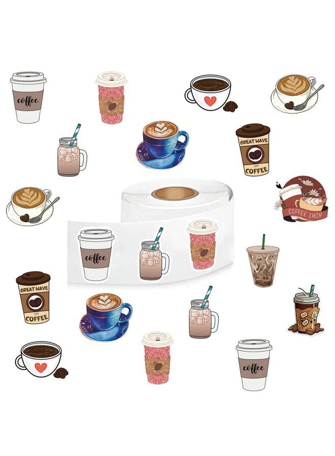 YEESACG 500Pcs Cute Coffee Stickers, Cartoon Drink 1 Inch Labels with 8 Patterns Decal Rolls Self Adhesive Seals for Scrapbooking Cards Envelopes， Gifts for Kids Teens Adults for Birthday Party Supply Reward - Image 1