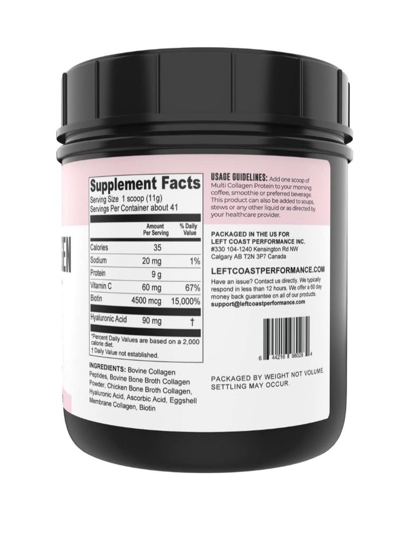 Left Coast Performance - Collagen with Biotin, Hyaluronic Acid, Vitamin C (0.5kg Powder) Hydrolyzed Multi Collagen Peptide Protein (Types I, II, III, V, X). Collagen for Hair, Skin, Nails. Collagen Supplement for Women, Men - Image 1