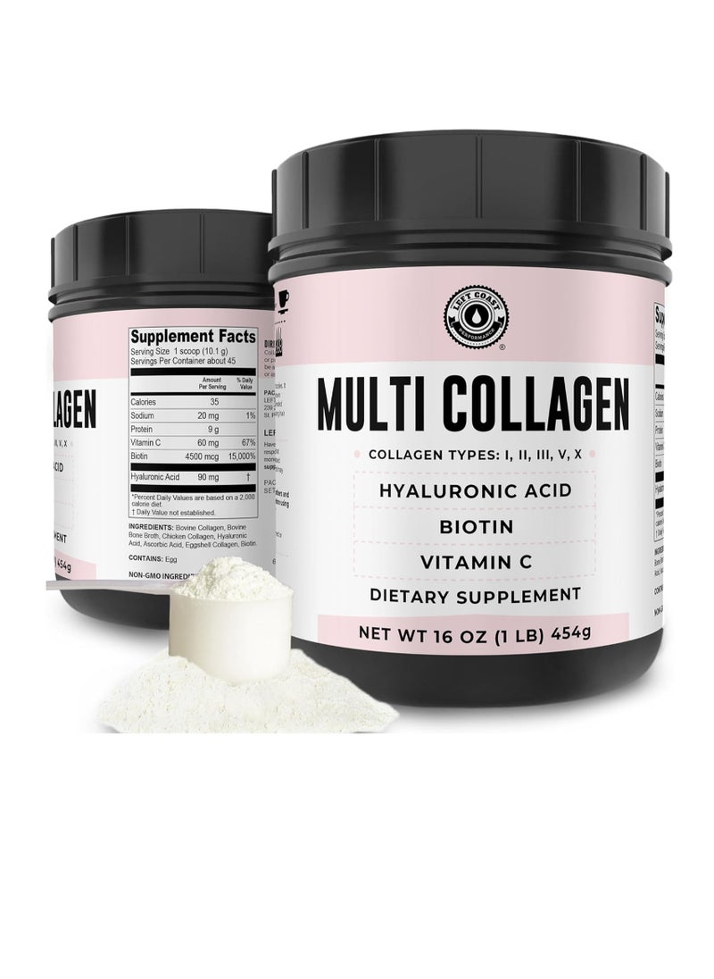 Left Coast Performance - Collagen with Biotin, Hyaluronic Acid, Vitamin C (0.5kg Powder) Hydrolyzed Multi Collagen Peptide Protein (Types I, II, III, V, X). Collagen for Hair, Skin, Nails. Collagen Supplement for Women, Men - Image 1