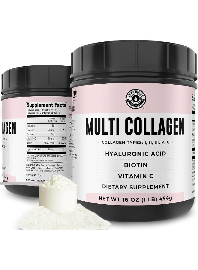 Left Coast Performance Collagen with Biotin, Hyaluronic Acid, Vitamin C (0.5kg Powder) Hydrolyzed Multi Collagen Peptide Protein (Types I, II, III, V, X). Collagen for Hair, Skin, Nails. Collagen Supplement for Women, Men - Image 1