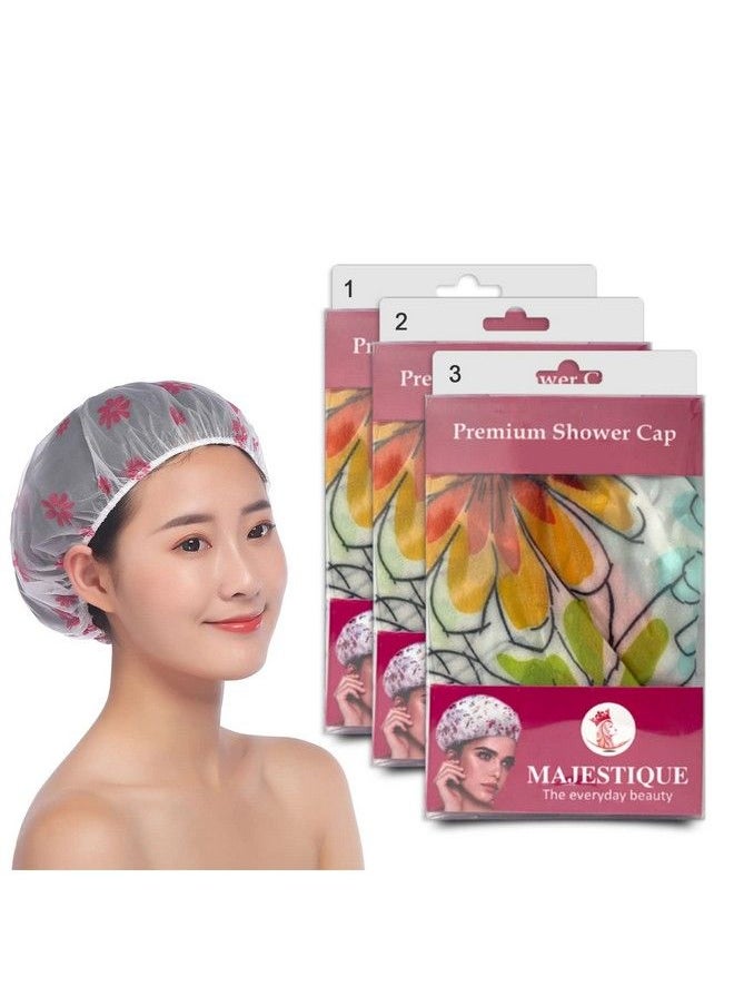 MAJESTIQUE 3Pcs Shower Cap For Women Ideal For All Hair Lengths And Thicknesses Reusable Waterproof And Washable Perfect Hair Cap For Bathing Durable Hair Cap Beautiful Style And Color  - Image 2