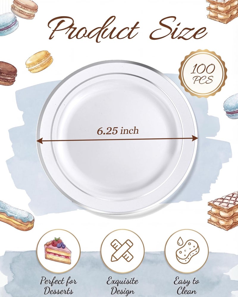 bUCLA 100Pieces Silver Plastic Plates - 6.25inch White with Silver Rim Disposable Salad/Dessert/Appetizer/Small Cake Plates for Weddings, Parties&Gathering - Image 2