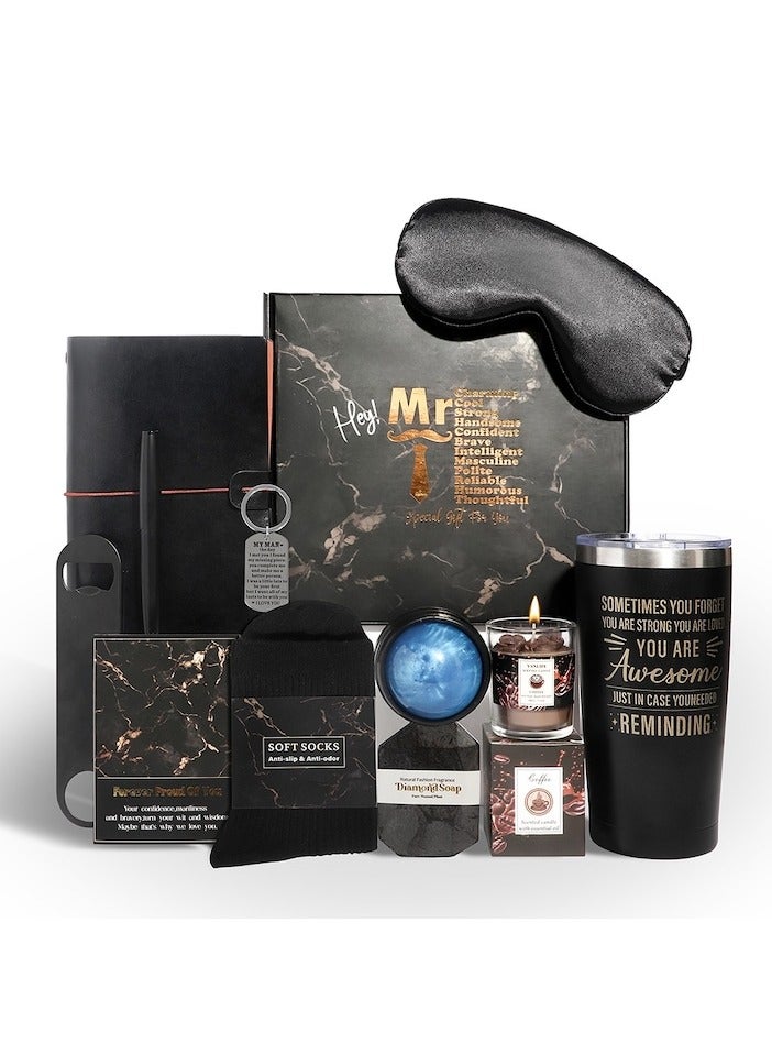 XiuWoo Set of 12 gift set for men, fluffy blanket, stainless steel thermos mug, scented candle, sleep mask, funny socks, bath sponge, keychain, ideal for gentlemen, father, husband, brother, black - Image 1