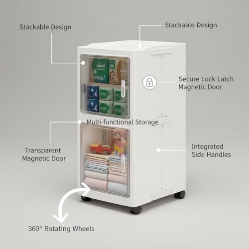 Owme 2 Layer Plastic Storage Cabinet with Transparent Doors | Multipurpose Wardrobe Organizer for Clothes, Toys, Shoes & Accessories | Space Saving Storage Unit - OFF WHITE - Image 5