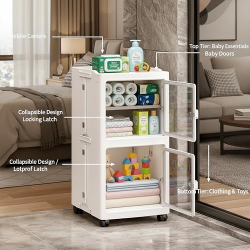 Owme 2 Layer Plastic Storage Cabinet with Transparent Doors | Multipurpose Wardrobe Organizer for Clothes, Toys, Shoes & Accessories | Space Saving Storage Unit - OFF WHITE - Image 2